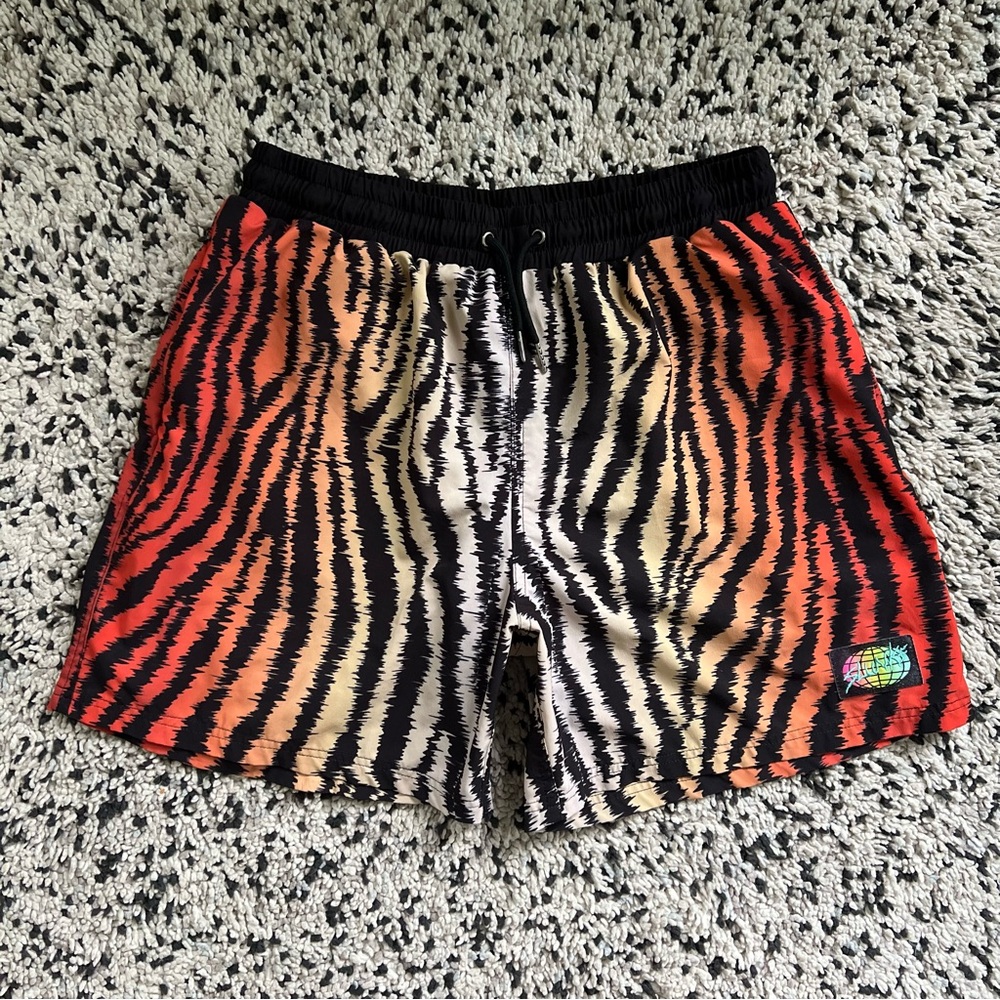 Slunks Shorts Tiger Stripe Orange Black Stretch Waist Gym Volleyball Men’s